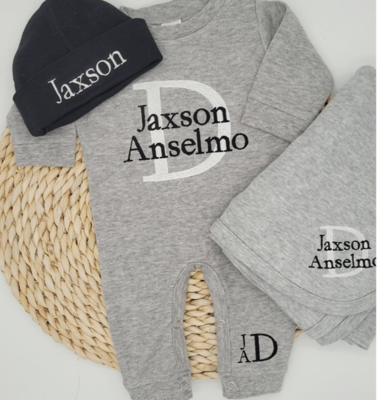 Baby Boy- Personalized - Embroidered-  Home Outfit- Sleeper- Hat- Blanket