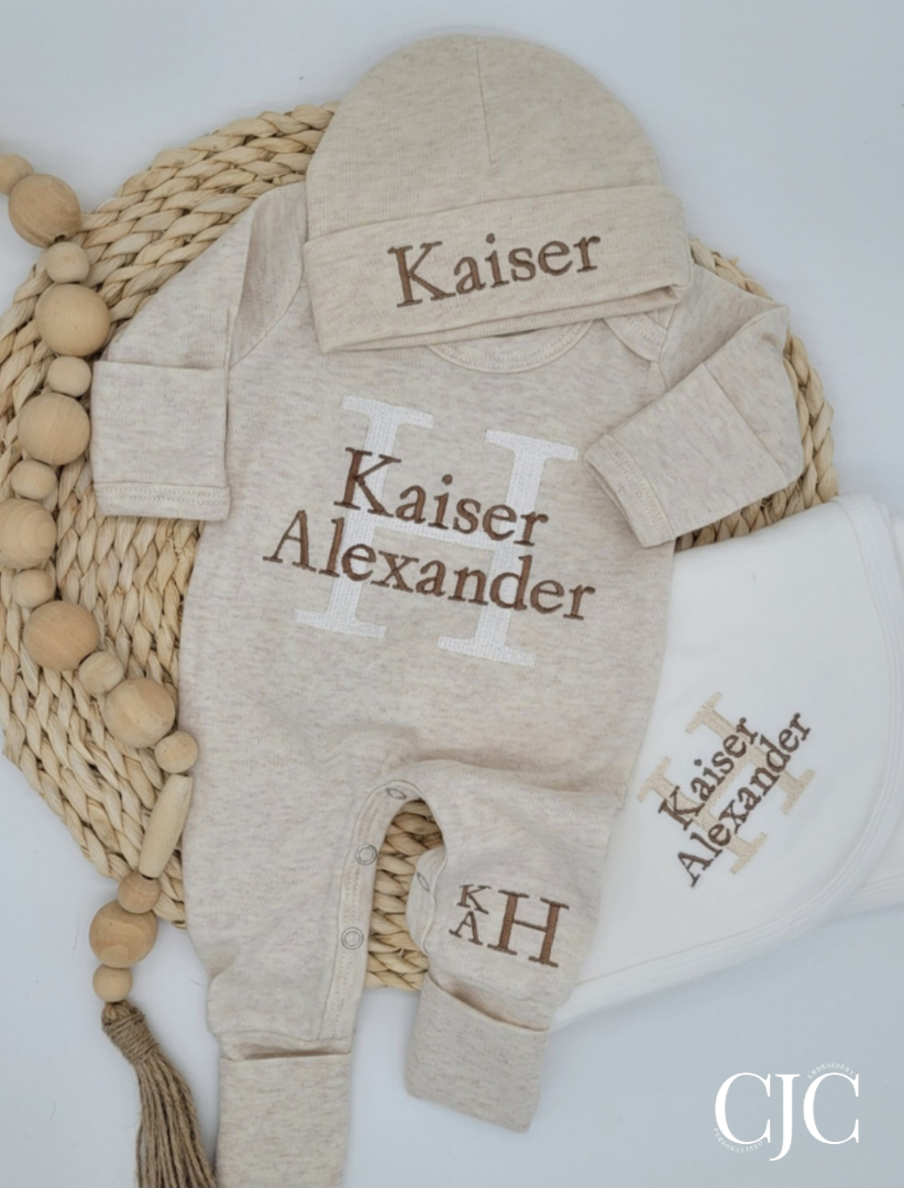 Baby Boy- Personalized - Embroidered-  Home Outfit- Sleeper- Hat- Blanket